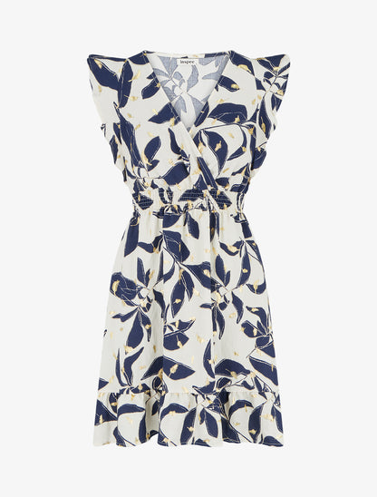 Robe imprimé feuilles à taille élastiquée - Marine - 1