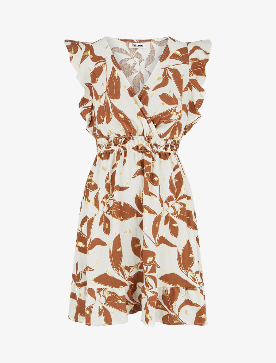 Robe imprimé feuilles à taille élastiquée - Marron - 1