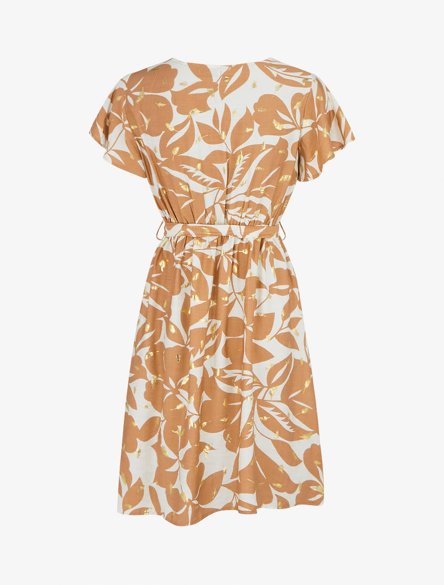 Robe mi-longue imprimé feuilles et irisée - Camel - 2