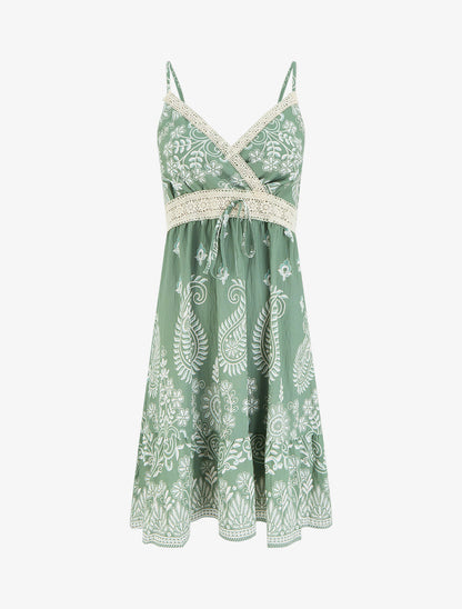 Robe imprimé foulard et fines bretelles - Kaki - 1