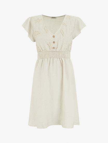 Robe mi-longue élastiquée à buste brodé - Beige - 1