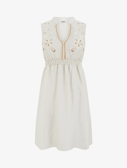 Robe mi-longue élastiquée à buste brodé - Beige - 1