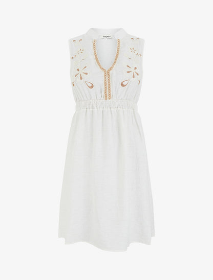 Robe mi-longue élastiquée à buste brodé - Écru - 1