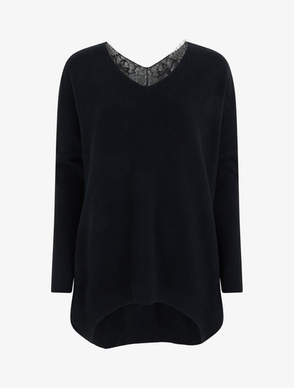 Pull long à détail dentelle au dos - Noir - 1