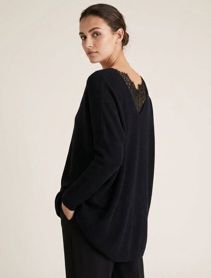 Langer Pullover mit Spitzen-Detail am Rücken. - Schwarz