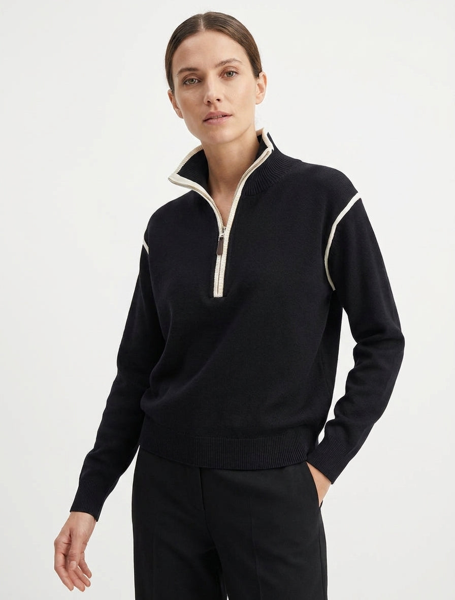 Gerade geschnittener Pullover mit Stehkragen und Reißverschluss - Schwarz
