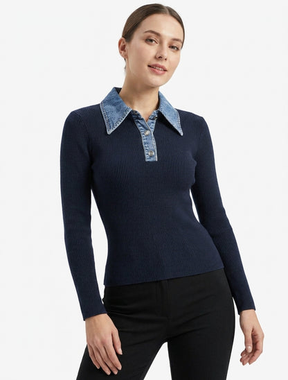 Feinstrickpullover mit Knopfkragen aus Jeansstoff - Marine