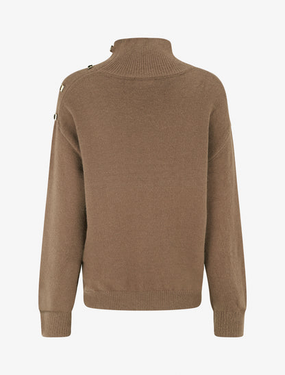 Pull droit à col montant et boutons métalliques - Marron - 2