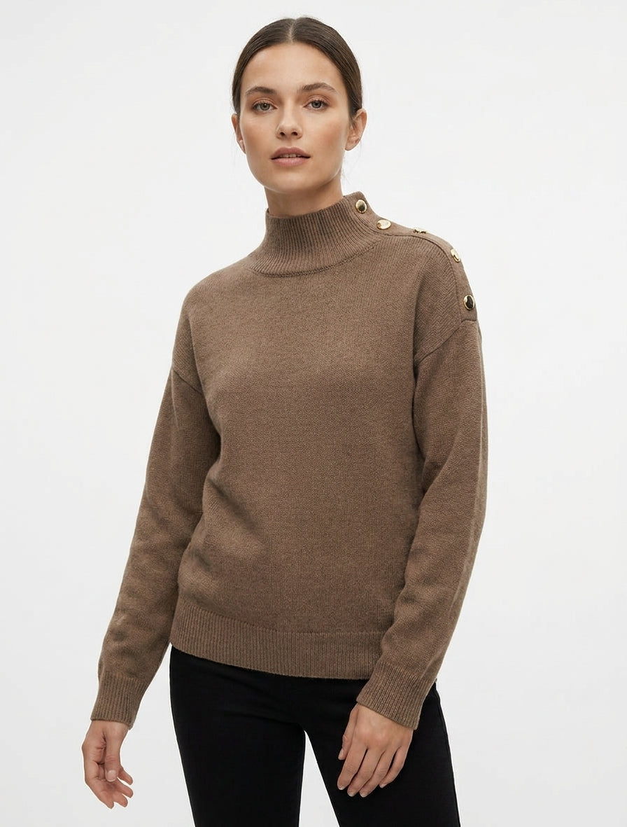 Gerader Pullover mit Stehkragen und Metallknöpfen - Braun