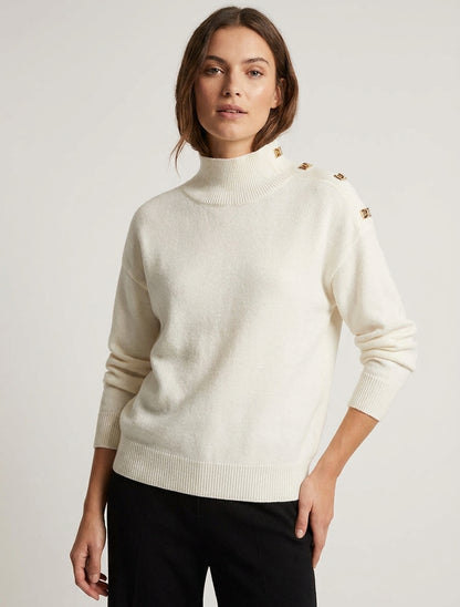 Gerader Pullover mit Stehkragen und Metallknöpfen - Ecru