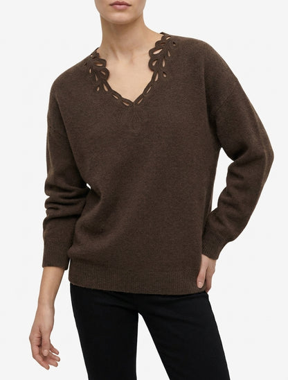Einfarbiger Pullover mit durchbrochenem V-Ausschnitt - Braun