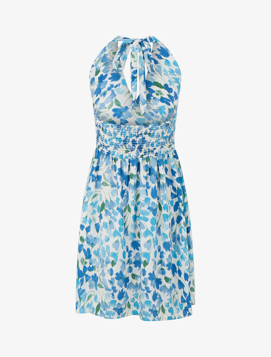 Robe mi-longue dos nu imprimé fleurs abstraites - Bleu - 2
