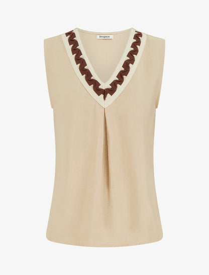 Top uni sans manches à col V stylisé - Beige - 1
