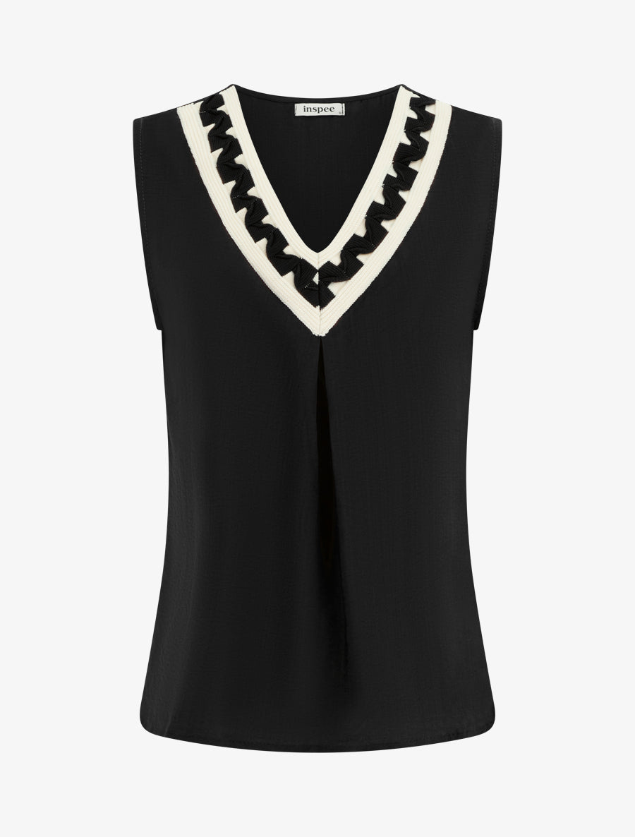 Top uni sans manches à col V stylisé - Noir - 1