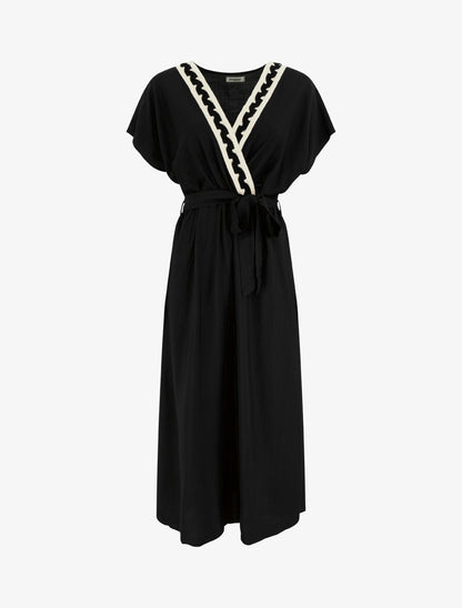 Robe longue manches courtes à col fantaisie - Noir - 1