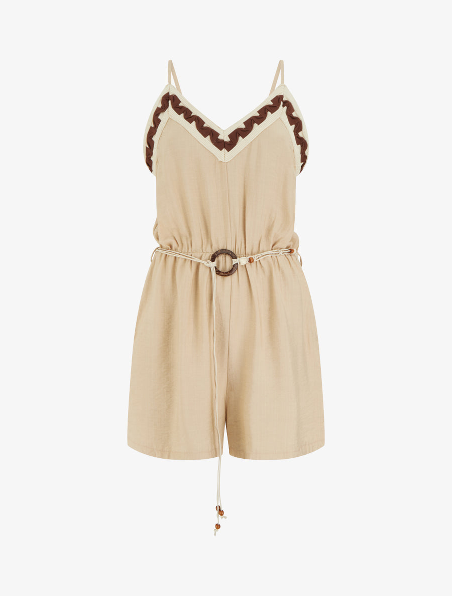 Combishort à fines bretelles et col fantaisie - Beige - 1