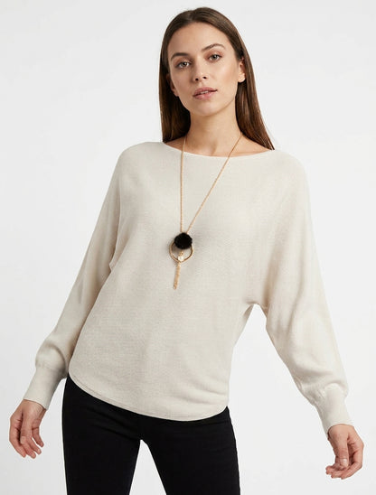 Gerader Pullover mit Fledermausärmeln - Beige