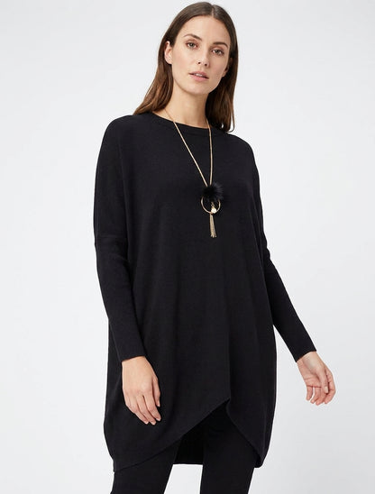 Asymmetrischer einfarbiger langer Pullover - Schwarz