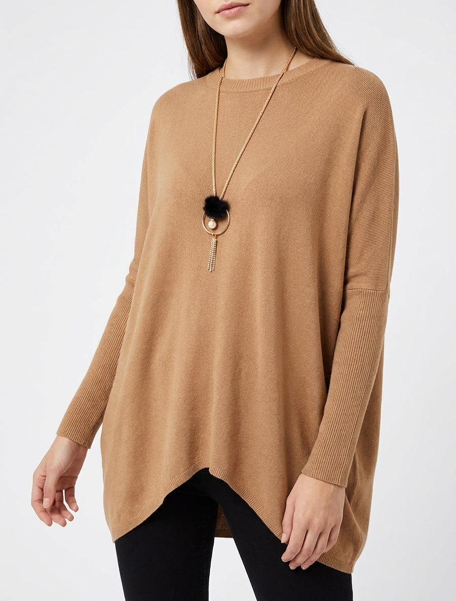 Asymmetrischer einfarbiger langer Pullover - Kamel