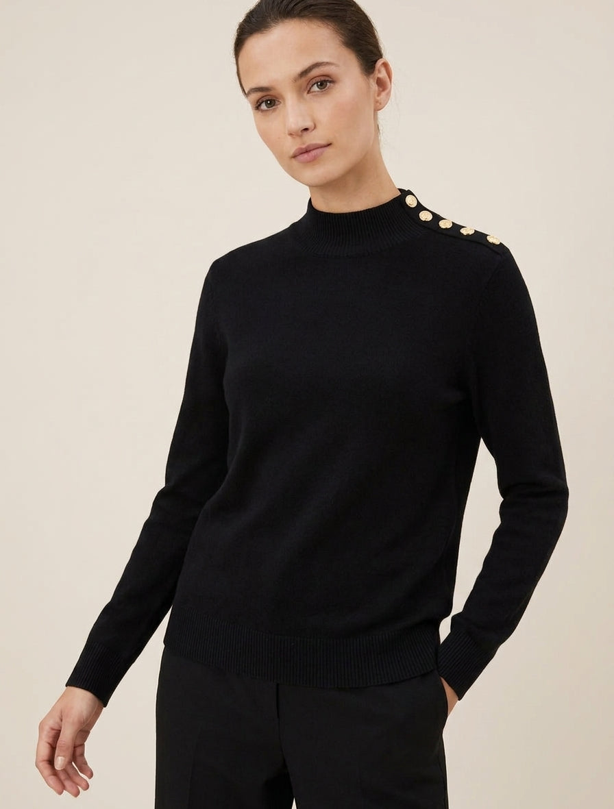 Einfarbiger Pullover mit dekorativen Knöpfen an der Schulter. - Schwarz