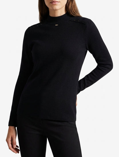 Gerader Pullover mit Stehkragen und dekorativen Knöpfen. - Schwarz