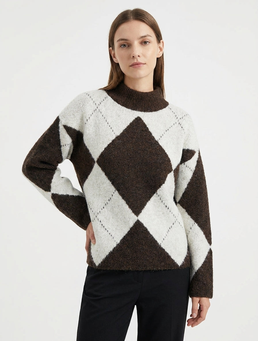 Pullover aus Wollmischung mit Rautenmuster - Braun