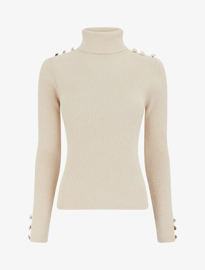 Pull en maille côtelée pailleté à col roulé - Beige - 1