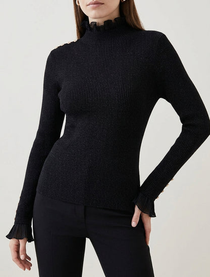 Gerippter und glitzernder Pullover mit gerüschtem Stehkragen - Schwarz