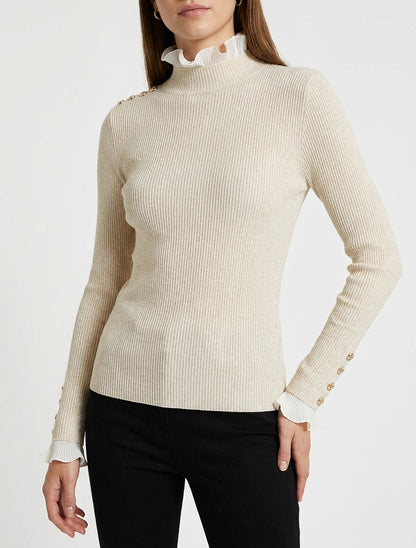 Gerippter und glitzernder Pullover mit gerüschtem Stehkragen - Beige