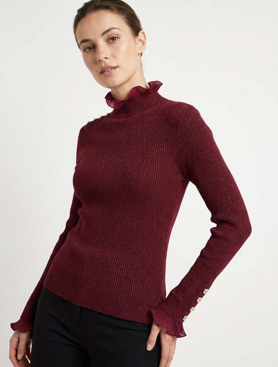 Gerippter und glitzernder Pullover mit gerüschtem Stehkragen - Bordeaux