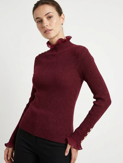 Gerippter und glitzernder Pullover mit gerüschtem Stehkragen - Bordeaux