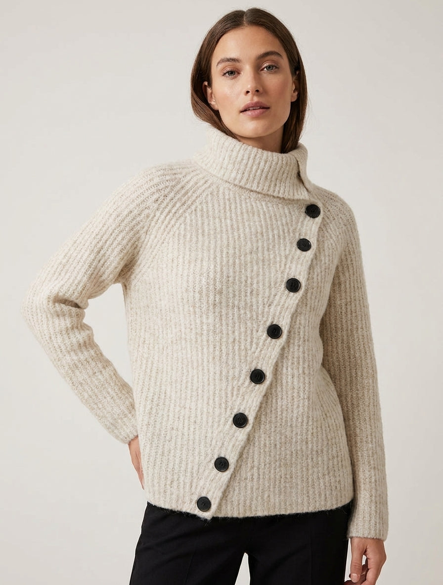 Einfarbiger Pullover mit Knopfverschluss - Beige