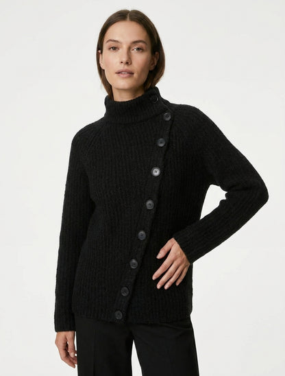 Einfarbiger Pullover mit Knopfverschluss - Schwarz