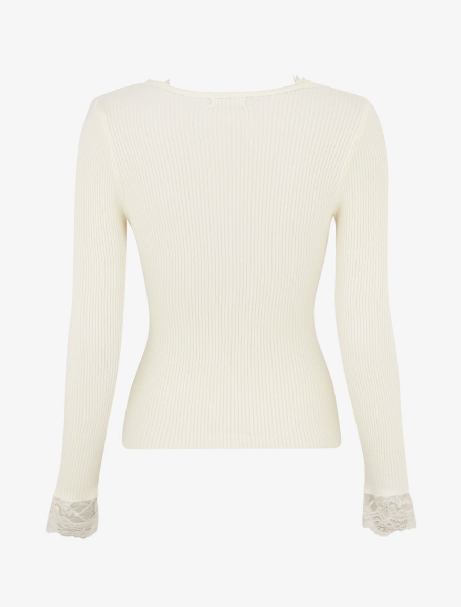 Pull côtelé à col en dentelle - Crème - 2