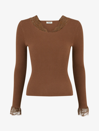 Pull côtelé à col en dentelle - Camel - 1