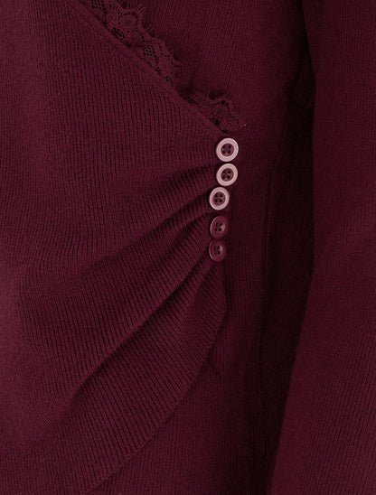 Pull côtelé asymétrique à détail dentelle - Lie de vin - 3