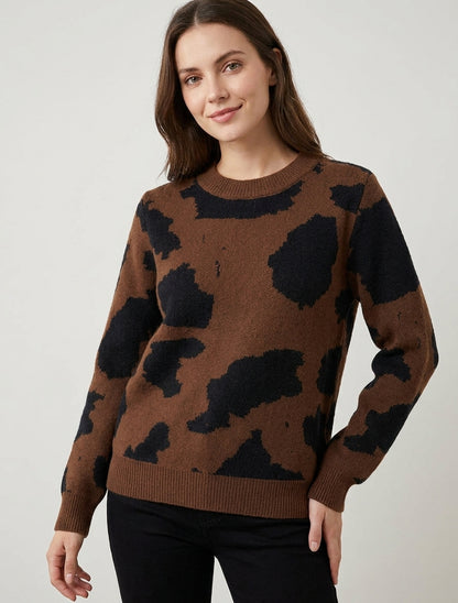 Strickpullover mit Kuhmuster - Braun