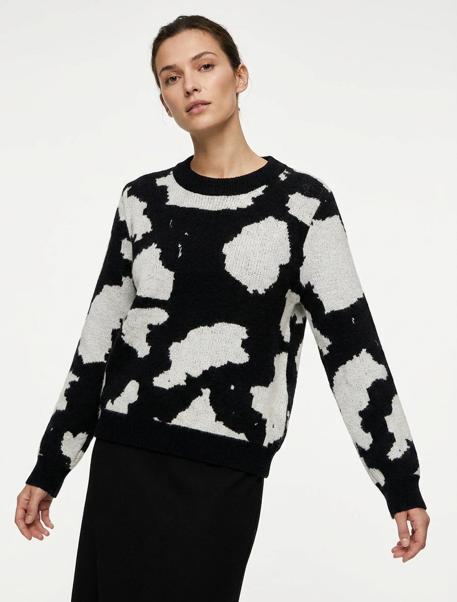 Strickpullover mit Kuhmuster - Grau