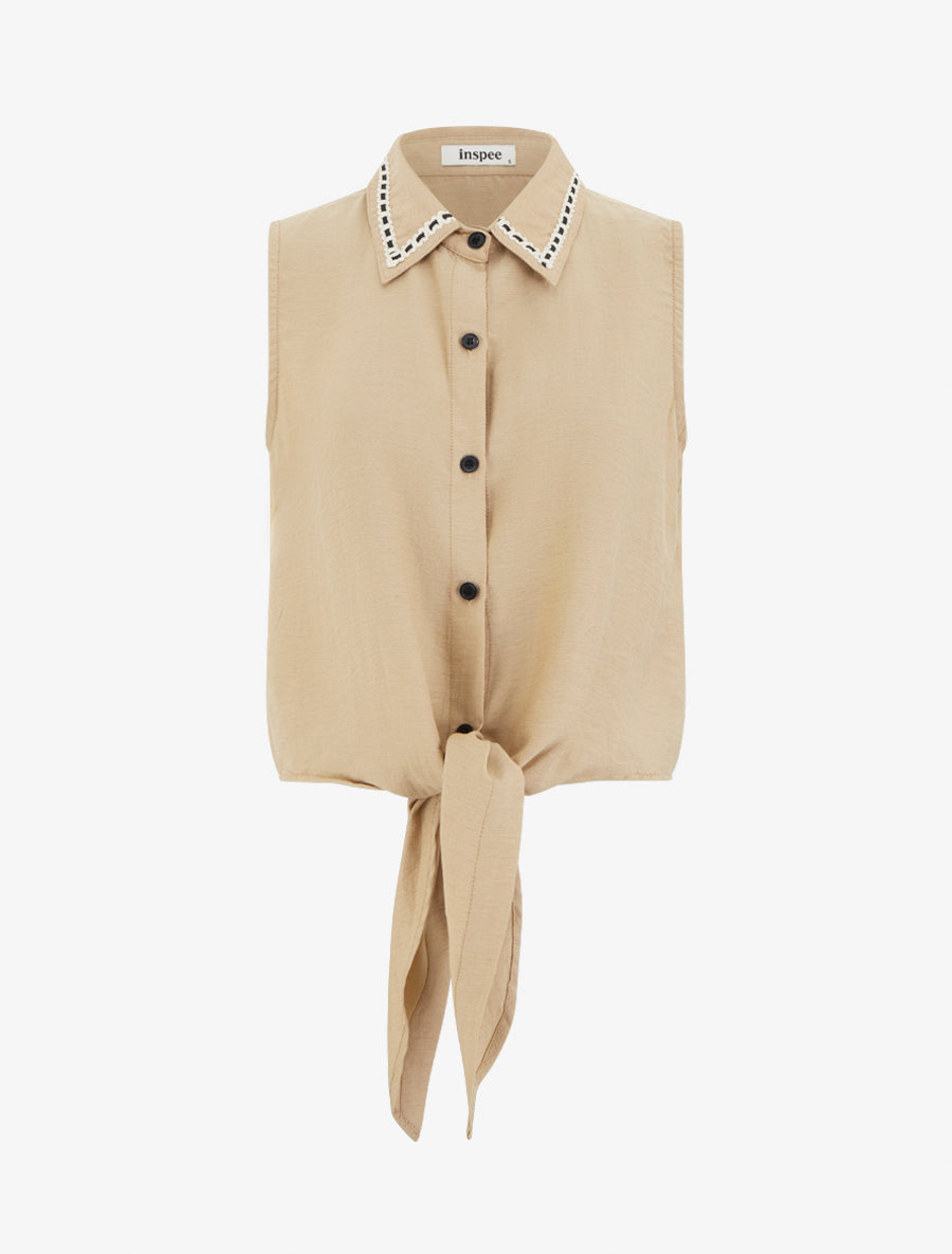 Chemise courte boutonnée à nouer - Taupe - 1