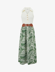 Robe longue à boutons fantaisies et imprimé feuilles - Vert - 1