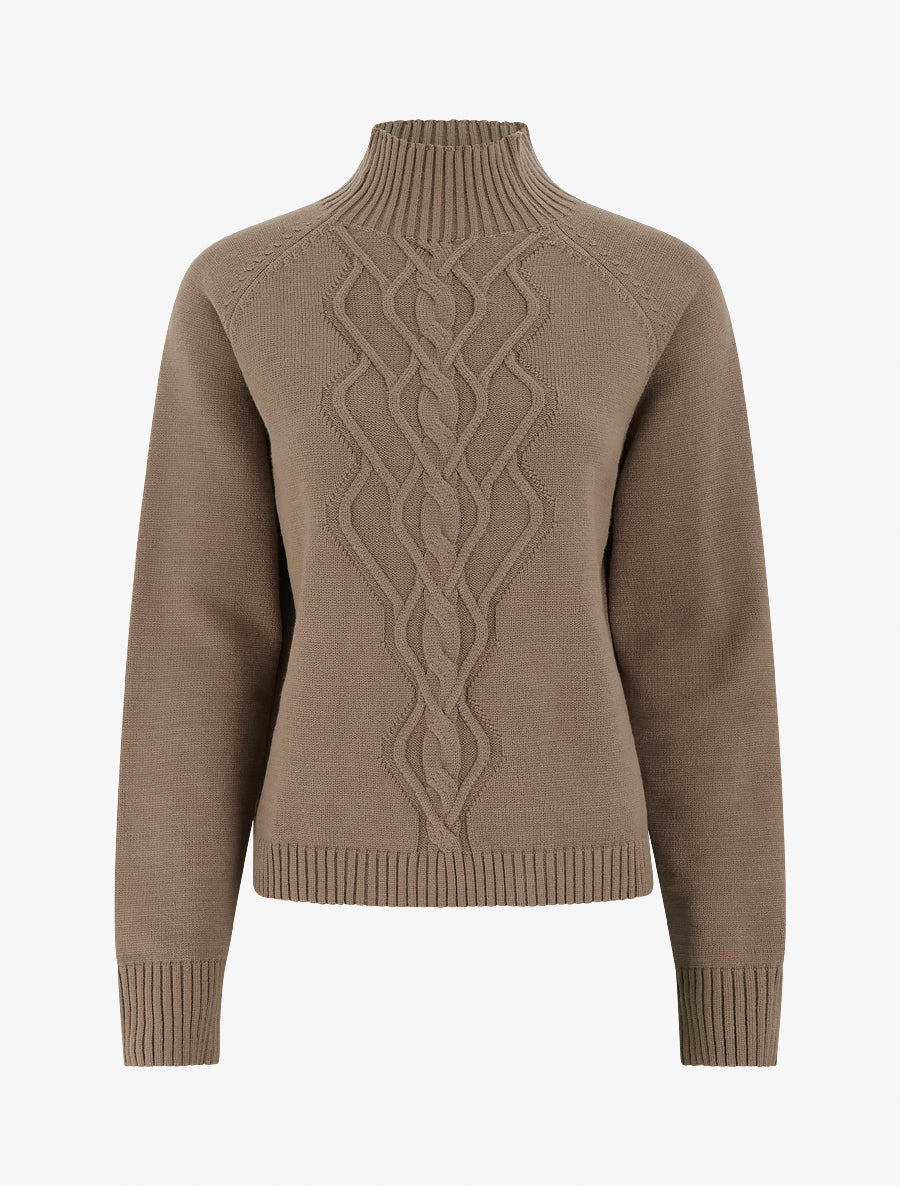 Pull droit à col montant en maille effet torsadé - Taupe - 1