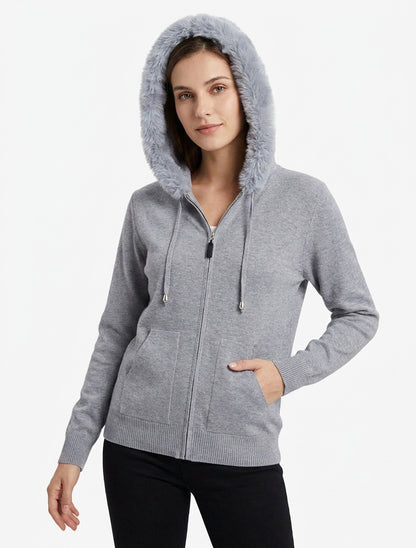 Feiner Kapuzenpullover mit Fell und Reißverschluss - Grau