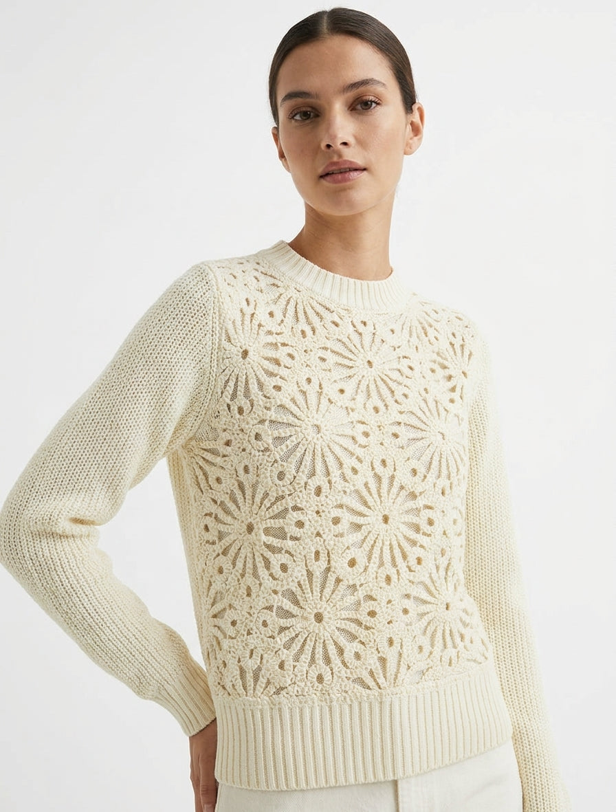 Makramee-Baumwollpullover im floralen Stil - Ecru