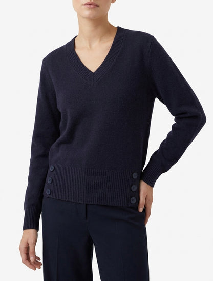 Gerader Pullover mit V-Ausschnitt und dekorativen Knöpfen - Mitternachtsblau