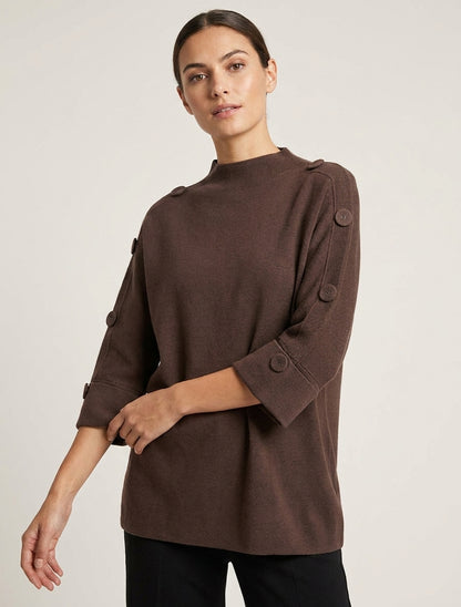 Pullover mit 3/4-Ärmeln, Knöpfen und Stehkragen - Braun