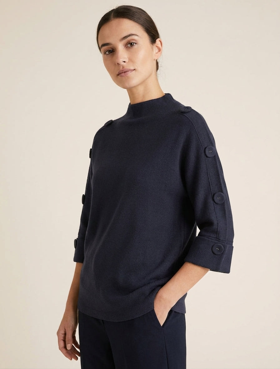 Pullover mit 3/4-Ärmeln, Knöpfen und Stehkragen - Mitternachtsblau