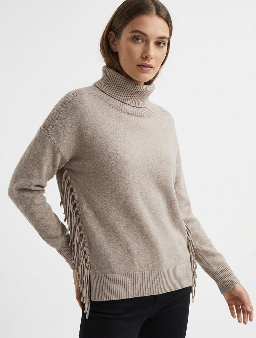 Einfarbiger Rollkragenpullover mit Fransen - Maulwurf
