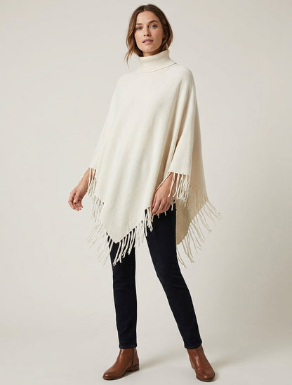Übergroßer Poncho mit Fransen - Ecru