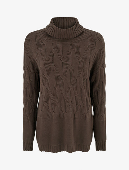 Pull ample à col roulé en maille texturée - Marron - 1