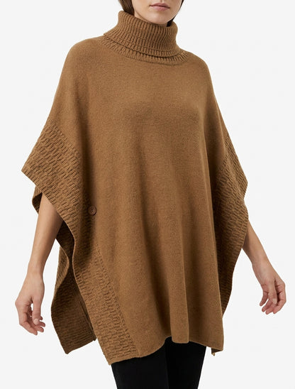 Weit geschnittener Poncho mit Rollkragen aus Fantasie-Strick. - Kamel